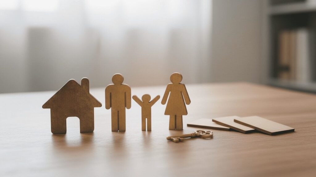 Wooden family figures and house with keys on table.